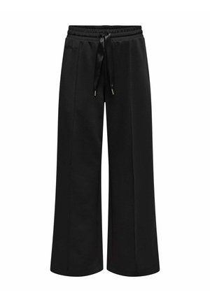 Pantaloni da jogging neri a gamba larga, realizzati in tessuto morbido e testurizzato. Presentano un cinturino elastico con un cordino in satin e una branding sottile.
