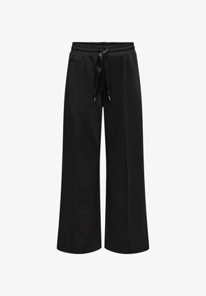 Pantaloni da jogging neri a gamba larga, realizzati in tessuto morbido e testurizzato. Presentano un cinturino elastico con un cordino in satin e una branding sottile.