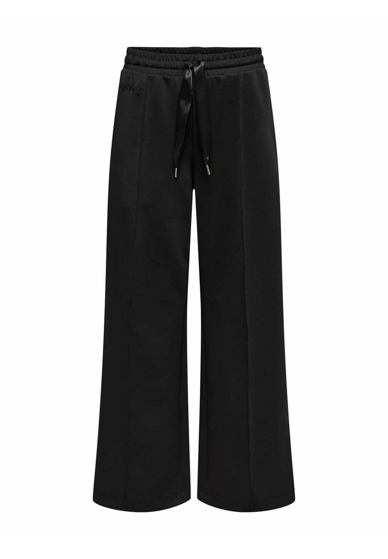 Pantaloni da jogging neri a gamba larga, realizzati in tessuto morbido e testurizzato. Presentano un cinturino elastico con un cordino in satin e una branding sottile.