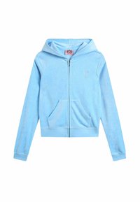 Hanorac cu fermoar, de culoare albastru cer, realizat dintr-un material moale și texturat. Are glugă, buzunare frontale și un mic logo în relief pe piept.