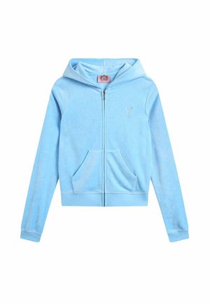 Debeszili zils džemperis ar rāvējslēdzēju, izgatavots no mīksta, teksturēta auduma. Tam ir kapuce, priekšējās kabatas un maza reljefā iespiesta logo uz krūtīm.