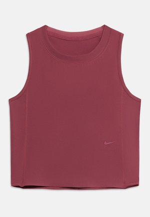 Bezrukávový krátky športový top v tlmenej ružovej farbe s okrúhlym výstrihom a nenápadným logom Nike na ľavej strane.
