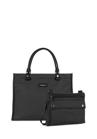 Borsa a spalla in nylon nero con doppi manici e una pochette staccabile più piccola, caratterizzata da una texture liscia e dettagli in metallo argentato.