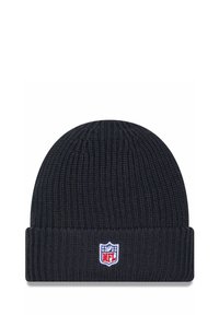 Berretto lavorato a maglia di colore blu scuro, con risvolto. Include una patch del logo NFL in rosso e bianco sul fronte. Superficie strutturata.