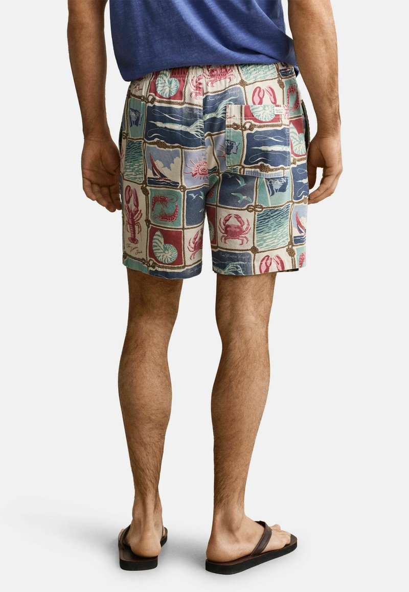 Homme vêtu d'un short multicolore avec des motifs de créatures marines et nautiques, d'une chemise bleue et de tongs noires, vu de dos.
