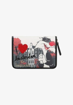 Portafoglio in bianco e nero con design di gatto a fumetti, naso rosso e dettaglio a cuore 3D. Presenta il testo "I Love Amsterdam" e uno sfondo con skyline della città.
