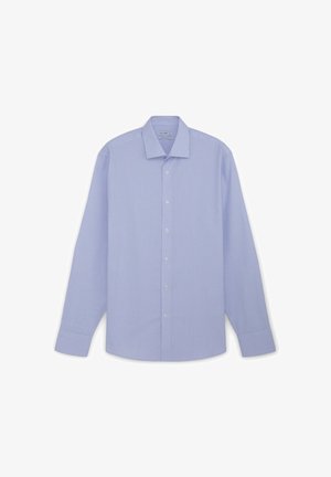 Camicia a maniche lunghe blu chiaro realizzata in tessuto a righe. Presenta un colletto classico, chiusura a bottoni e polsini semplici. Nessun motivo o accentuata visibile.
