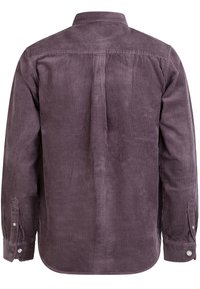 Corduroy shirt in muted purple, featuring subtle vertical stripes, a classic collar, long sleeves with buttoned cuffs, and a back pleat detail.