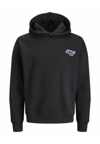 Sudadera con capucha negra y bolsillo tipo canguro, puños y dobladillo de canalé. Presenta un gráfico blanco "ORG WORLDWIDE" en el pecho. Textura suave.