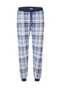 Heren pyjamabroeken in een blauw geruit patroon; gemaakt van zachte stof, met een trekkoord in de taille en elastische boorden bij de enkels.