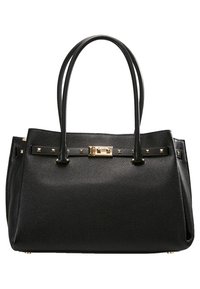 Borsa a mano nera in pelle con superficie strutturata, hardware dorato, doppio manico e borchie decorative su una tracolla. Forma rettangolare ingombrante.