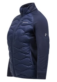 Navy puffer jacket featuring a high collar, quilted texture on the front, and smooth fabric on the sides; fitted design with logo detail on sleeve.