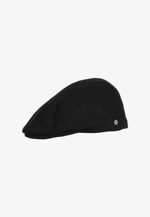 Black flat cap with a smooth, rounded top and short, stiff brim, featuring a small round metal logo on the side.