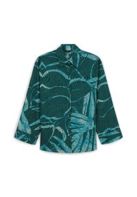 Türkisfarbenes Hemd mit blauen abstrakten Mustern, großem Kragen, durchgehender Knopfleiste und langen Ärmeln. Verfügt über Aussparungen für eine interessante Textur.