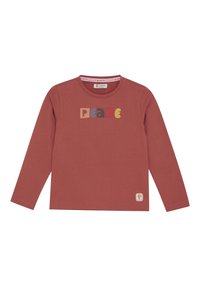 Langsleeve shirt voor kinderen in rustkleur met meerkleurige "PEACE" letters op de borst en een kleine cactuspatch nabij de zoom.