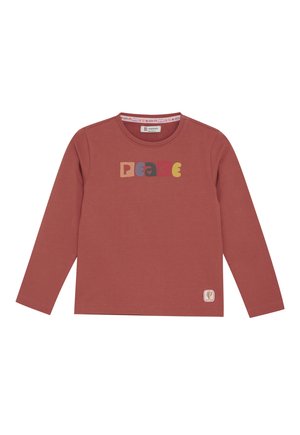 Langsleeve shirt voor kinderen in rustkleur met meerkleurige "PEACE" letters op de borst en een kleine cactuspatch nabij de zoom.