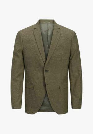 Oliven grøn herreblazer lavet af tekstureret stof, med klapkrave, to knapper og for- lommer. Fodret indre synligt.