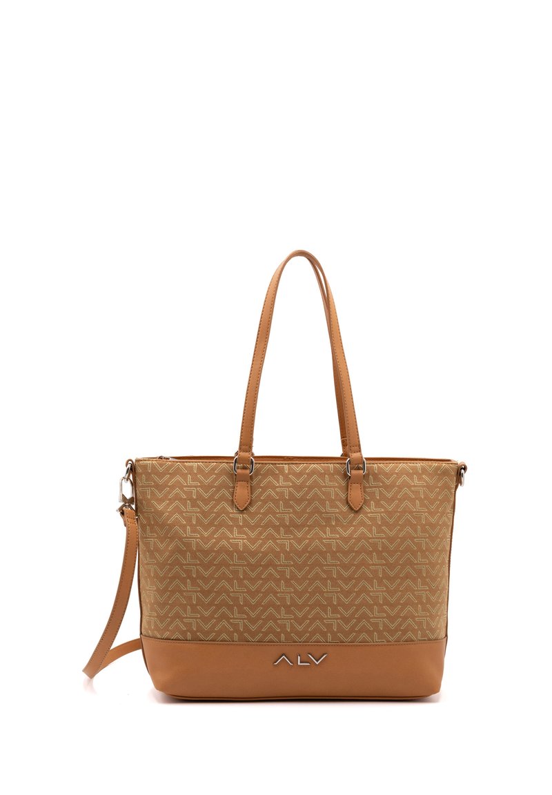 Borsa a tracolla color sabbia con un motivo geometrico ripetitivo, materiale in pelle sintetica, doppi manici, tracolla rimovibile e dettaglio del logo metallico.