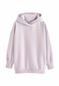 Sudadera lila fabricada en un tejido suave, con una gran capucha, mangas largas con puños ajustados y un corte relajado. No hay patrones gráficos visibles.