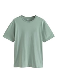 Hellgrünes Baumwoll-T-Shirt mit kurzen Ärmeln, Rundhalsausschnitt und einem kleinen, gestickten Logo auf der linken Brust. Reguläre Passform.