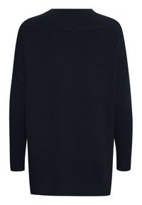 Tumel sinine soonikkoes kootud kampsun, pika varrukaga ja lahtise, lõdva lõikega, nähtav tagant.