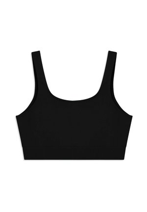 Reggiseno sportivo nero senza cuciture con spalline larghe e scollo tondo, posato su uno sfondo bianco.