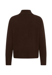 Pull en maille brun foncé avec manches longues et col montant côtelé, vu de dos sur fond blanc.