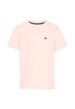 Lichtroze T-shirt met korte mouwen en ronde hals, met een klein groen krokodillenlogo op de linkerborst.