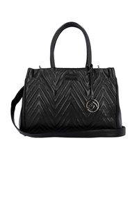Sac à main noir en cuir texturé avec un motif en chevron. Il dispose de poignées doubles et d'une bandoulière amovible avec un accent de logo circulaire.