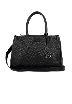 Sac à main noir en cuir texturé avec un motif en chevron. Il dispose de poignées doubles et d'une bandoulière amovible avec un accent de logo circulaire.