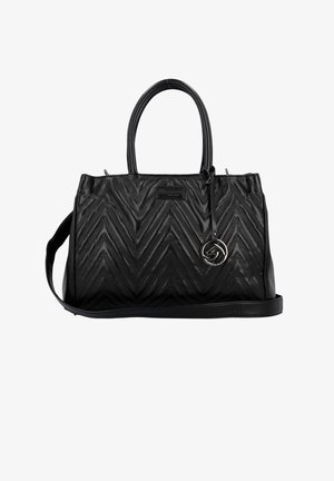 Black handbag made of textured leather with a chevron pattern. Features dual handles and a detachable shoulder strap with a circular logo accent.