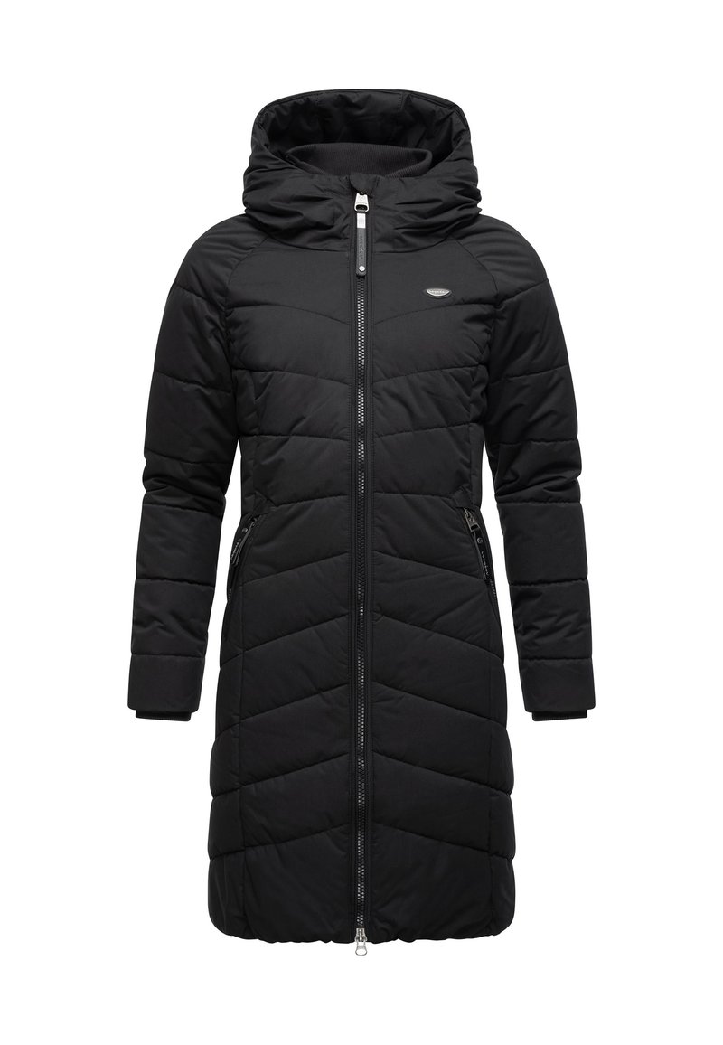 Czarna pikowana kurtka z przodu na zamek, z kapturem i wzorem w jodełkę. Posiada boczne kieszenie oraz elastyczne mankiety dla zapewnienia ciepła i wygody.