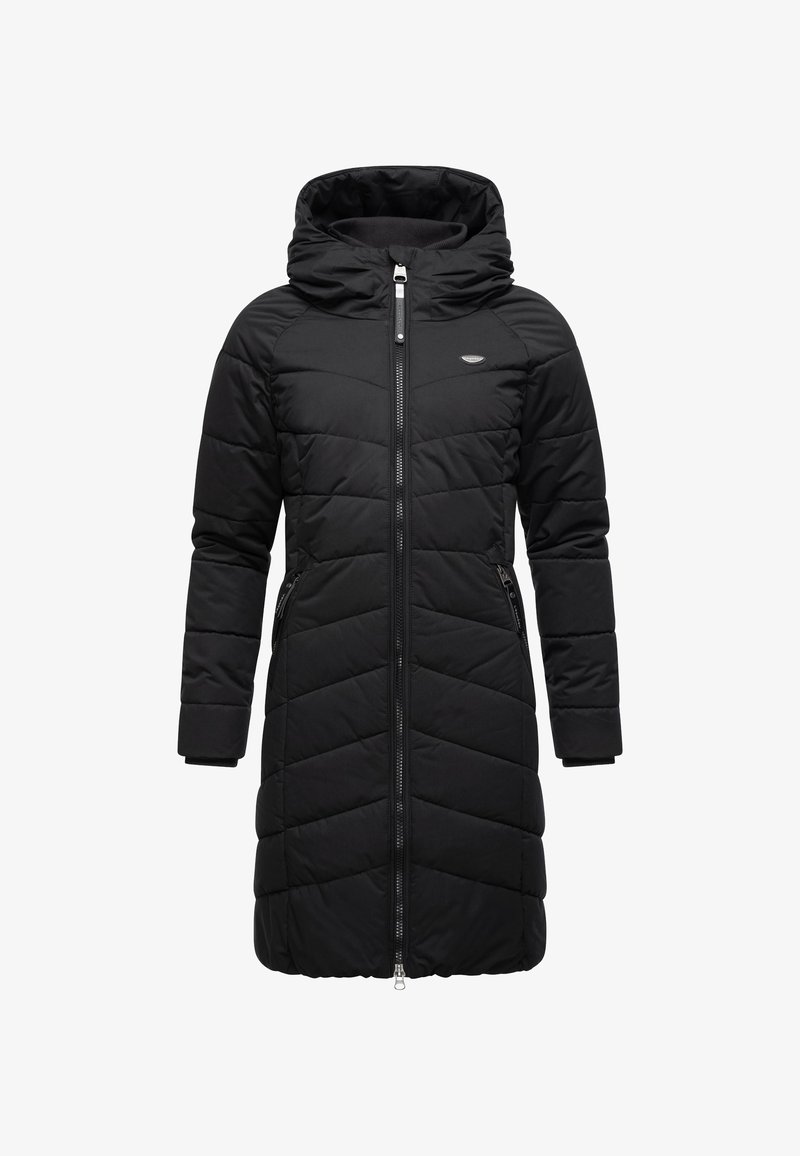 Czarna pikowana kurtka z przodu na zamek, z kapturem i wzorem w jodełkę. Posiada boczne kieszenie oraz elastyczne mankiety dla zapewnienia ciepła i wygody.