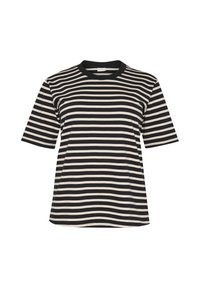 Stribet kortærmet T-shirt i sort og creme, med rund halsudskæring og en lige skærm med blød stoftekstur.