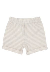 Shorts beiges avec fines rayures verticales marron et bleu, taille élastique et revers retroussés, disposés à plat sur un fond blanc.