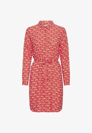 Rotes Longsleeve-Hemdkleid mit weißem geometrischen Muster, Kragen, Knopfleiste und tailliertem Gürtel.