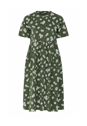 Vihreä mekko lyhyillä hihoilla, midi-pituinen, jossa valkoinen päivänkakkarakuvio ja vyötärön kohottava kerrostus.