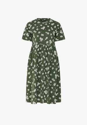 Groen midi-jurk met korte mouwen, witte madeliefjesprint en een geplooide taille.