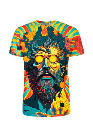 Colorful short-sleeve T-shirt featuring a vibrant graphic of a bearded man with sunglasses, set against a striped, abstract background.