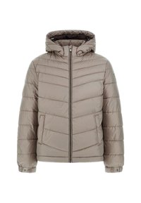 Jachetă puffer de culoare bej deschis, cu un design matlasat, glugă, închidere cu fermoar și două buzunare frontale. Textură moale și netedă, cu manșete cu nasturi.