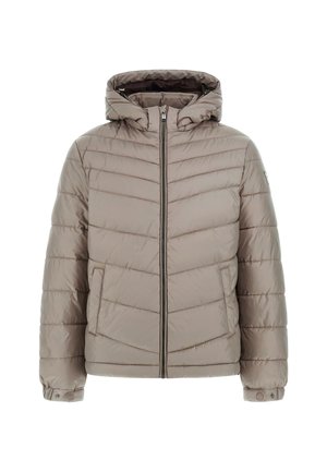 Puffer jacket in light beige with a quilted design, hood, zip closure, and two front pockets. Soft, smooth texture with buttoned cuffs.