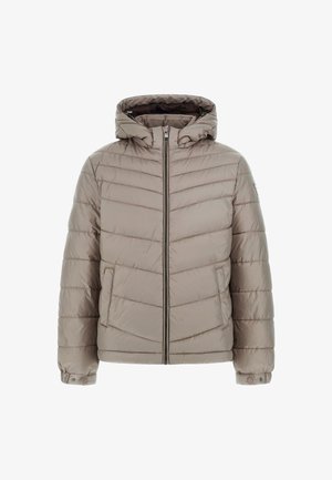 Puffer jacket in light beige with a quilted design, hood, zip closure, and two front pockets. Soft, smooth texture with buttoned cuffs.