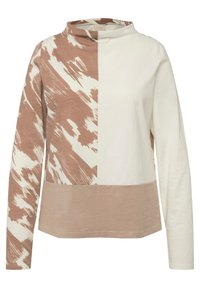 Langärmliges Oberteil mit einem Farbblockdesign in Beige und Weiß, mit einem abstrakten Muster auf einer Seite und einer weichen Textur.
