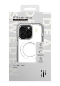 Clear phone case compatible with iPhone 13/14/15/16E, featuring a transparent design, MagSafe circle, and drop-tested protection.