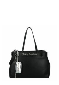 Zwarte Juicy Couture handtas met twee handvatten, een zilveren logo plaatje en een kleine bijgevoegde zilveren pouch met gegraveerde merknaam.