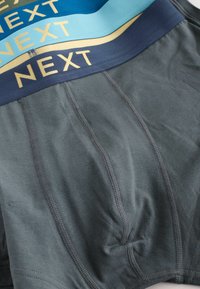 Zloženi moški boxerski kratki hlač v sivi, svetlo modri in temno modri barvi z kontrastnimi pasovi, na katerih je blagovna znamka "NEXT".