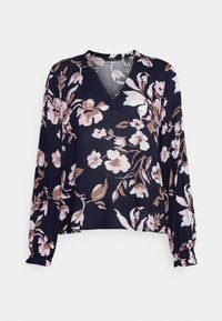 Blusa floral azul-marinho com mangas longas e decote em V. Apresenta um padrão de flores em rosa e creme com punhos franzidos. Feita de tecido leve.