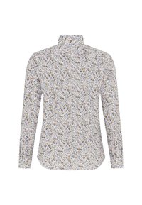 Weißes Langarmhemd mit mehrfarbigem Blumenmuster, Button-Down-Kragen und abgerundetem Saum. Weiche Textur mit leichtem Stoff.