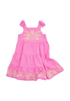 Pinkes ärmelloses, gestuftes Kleid mit gelb besticktem Ananas- und Blumenmotiv an Brust und Saum und gebundenen Schulterriemen.