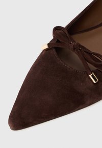 Zapato plano de ante marrón con puntera afilada, lazo decorativo con detalles de hardware dorado y un forro interior suave.